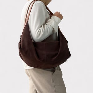 Brown suede leather bag - Large hobo bag - Slouchy handbag - Shoulder bag for women in suede - Oversized shoulder purse - Sling bag - Gift image 5