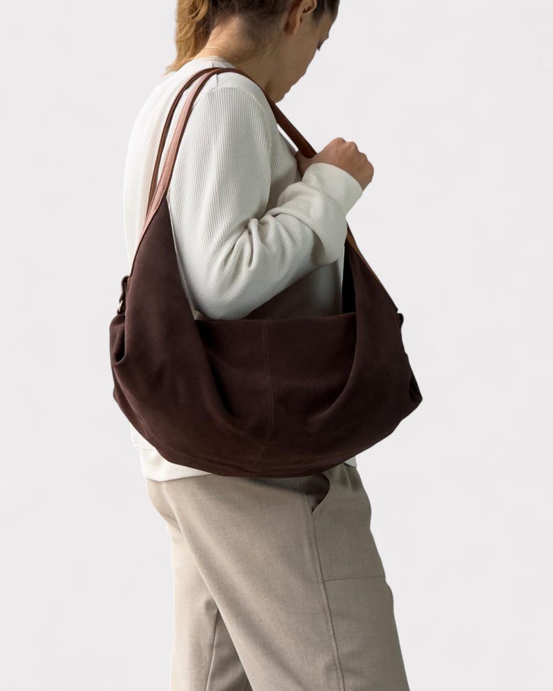 Brown suede leather bag - Large hobo bag - Slouchy handbag - Shoulder bag for women in suede - Oversized shoulder purse - Sling bag - Gift image 5