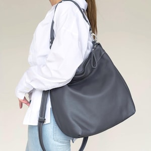 Genuine Leather Hobo Purse – Dark Grey Slouch Bag for Women – Soft Shoulder Bag - Custom Monogrammed Crossbody Handbag with Compartments