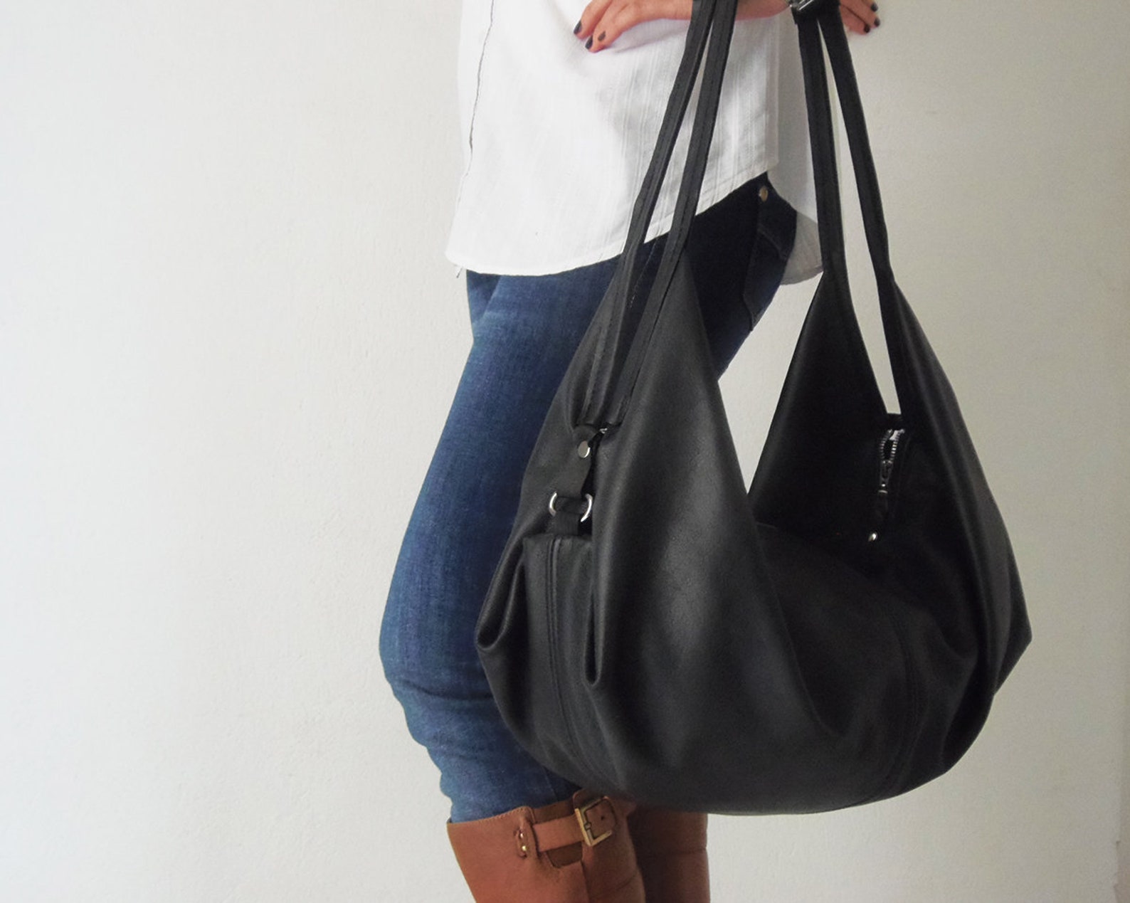 Black Leather Bag Soft Leather Bag Slouchy Leather Bag Etsy