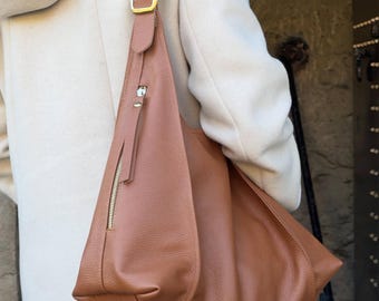 Handmade Italian Leather Hobo Bag - Large Slouchy Shoulder Purse - Tan Soft Handbag
