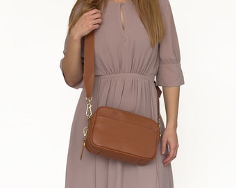 Tan Leather Crossbody Bag – Camera Bag with Wide Strap - Women's Genuine Leather Purse