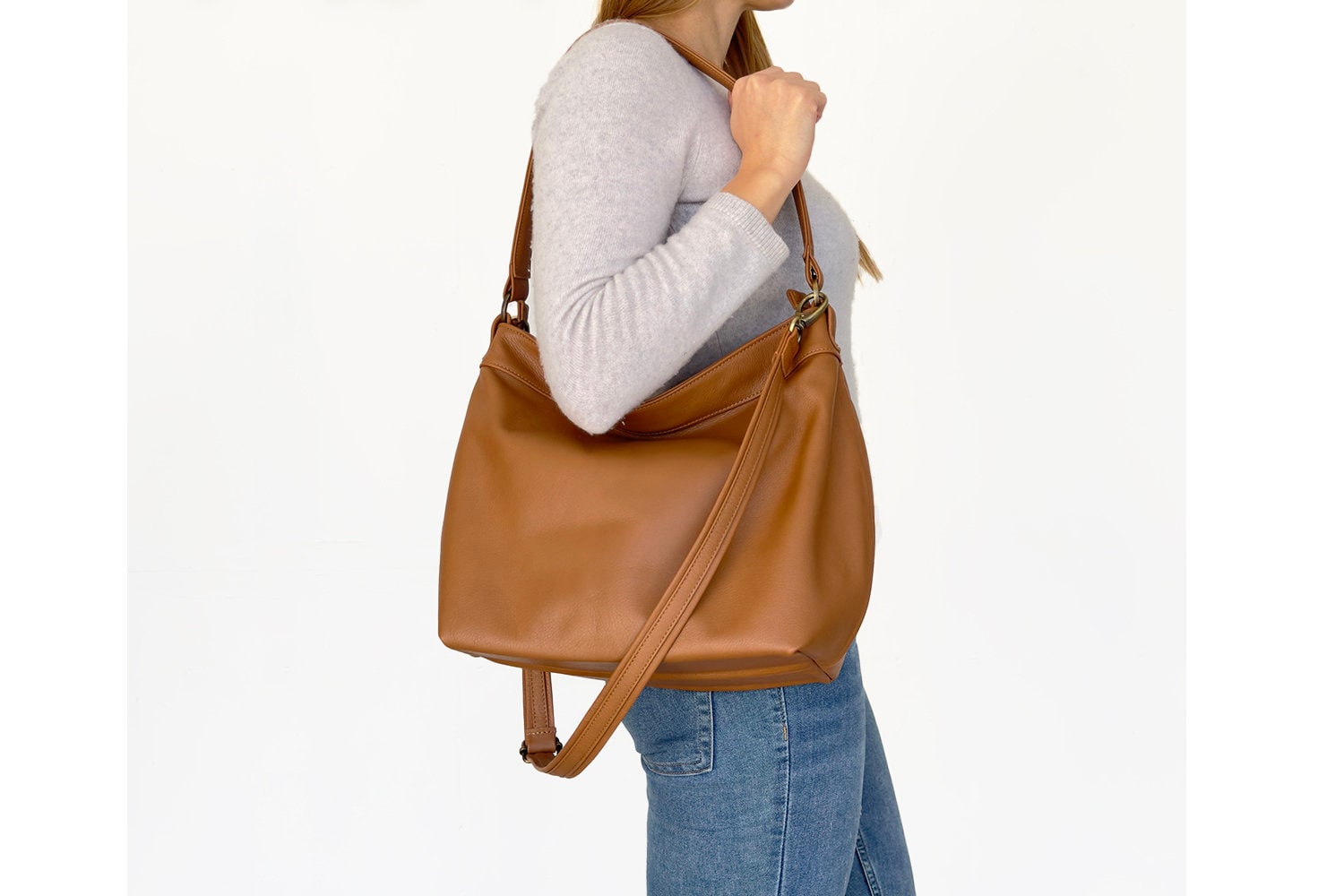 Tan Slouchy Shoulder Bag in Soft Leather - Women Cross Body