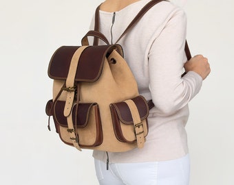 Mochila de cuero de ante para hombres y mujeres - Mochila con bolsillos exteriores - Bolso mochila de cuero genuino - Mochila de viaje de la ciudad - Esposa de regalo