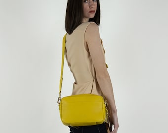 Women's leather camera bag - Soft genuine leather crossbody bag - Yellow purse - Small cross body purse - Minimalist spacious camera purse