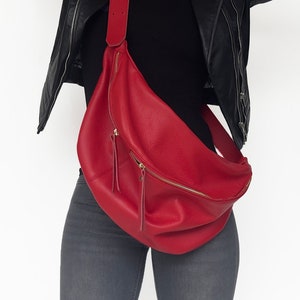 Gürteltaschen für Damen - Leder Umhängetasche Crossbody - Große Bauchtasche - Oversized Bauchtasche - Rote Ledertaschen - Extra große Bauchtasche Damen