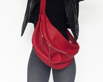 Riñoneras para mujer - Bolso bandolera de piel - Riñonera grande - Bolso de cintura extragrande - Bolsos de piel roja - Riñonera extragrande para mujer