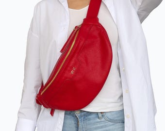 Red Leather Sling Bag - Women's Fanny Pack cross body - Slouchy bum bag - Waist Bag - Belt bag Handmade - Personalised Handbag -Gift for her