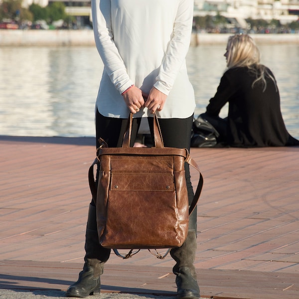 Convertible backpack - Brown convertible leather bag - Laptop tote for women - ARTE bag in Brown