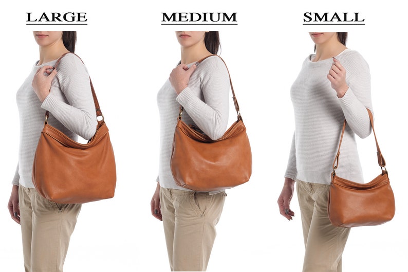 May include: Three tan hobo-style shoulder bags shown in large, medium, and small sizes. Each bag features a smooth, solid-colored exterior, a single shoulder strap attached with metal rings, and a zippered top closure. The text labels LARGE, MEDIUM, and SMALL appear above each respective bag size.