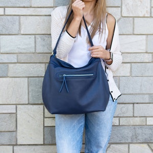 Navy blue leather crossbody bag - Leather shoulder bag with outside pocket - Soft and slouchy hobo purse - Blue leather hobo bag