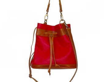 Red Leather Bucket Bag - Handmade Drawstring Crossbody Purse - Italian Women's Handbag
