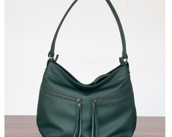 Green Leather Hobo Bag – Slouchy Crossbody Purse with Zippers - Soft Women's Shoulder Bag