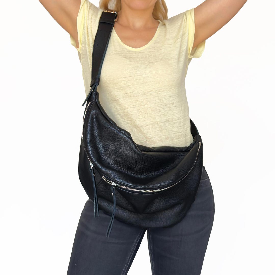 Women's Black Leather Sling Bag , Large Crossbody Fanny Pack , Slouchy — free download
