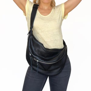 Sac bandoulière en cuir noir pour femme, grand sac banane en bandoulière, sac banane souple - Sac en cuir surdimensionné - Sacs à main souples noirs - Cadeau pour elle