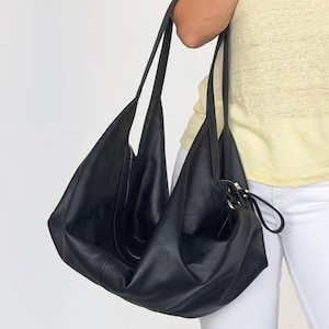 Schwarze Slouchy Leder Umhängetasche - Damen Echtleder Weiche Ledertasche - Übergroße schwarze Hobo Geldbörse - Große schwarze Schlinge - Geschenk