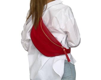 Bolso bandolera de piel roja - Riñonera cruzada para mujer - Bolso de cintura holgado - Bolso de cintura - Bolso de cinturón - Hecho a mano - Bolso personalizado - Regalo para ella