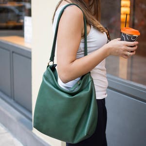 Green Fields Leather Forest Green Bucket Bag Slouchy Tote Purse