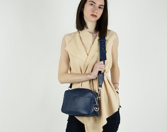 Genuine leather Camera Bag, Soft Blue Italian Leather Crossbody Bag, Small Leather Crossbody Camera Bag, Blue leather purse - Gift for wife