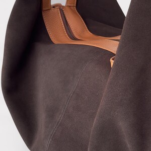 Brown suede leather bag - Large hobo bag - Slouchy handbag - Shoulder bag for women in suede - Oversized shoulder purse - Sling bag - Gift image 3