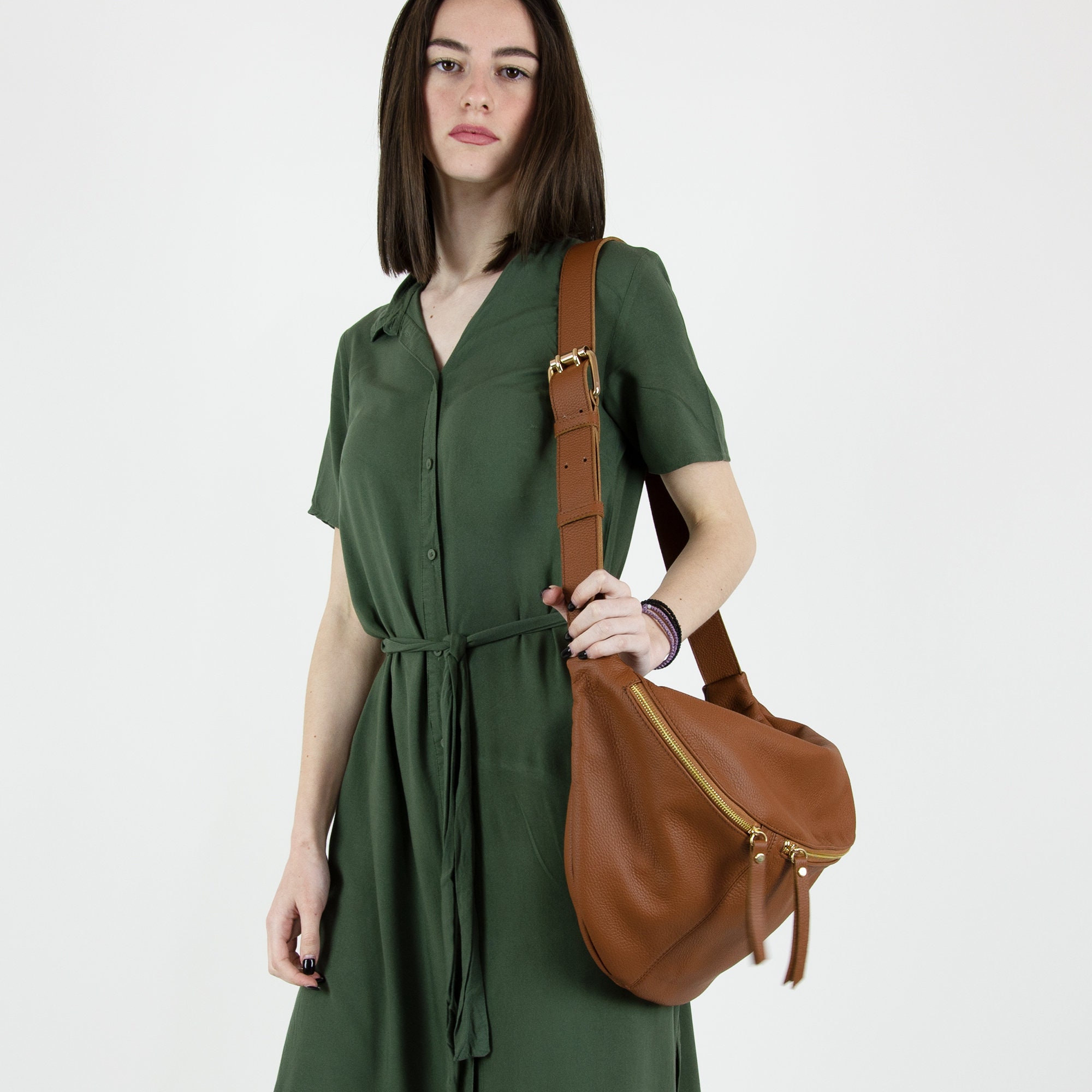 Sac Banane Cuir Véritable SH - 49x28cm - Poche Poitrine XL Festival, Voyage - Daniela G768 Doré