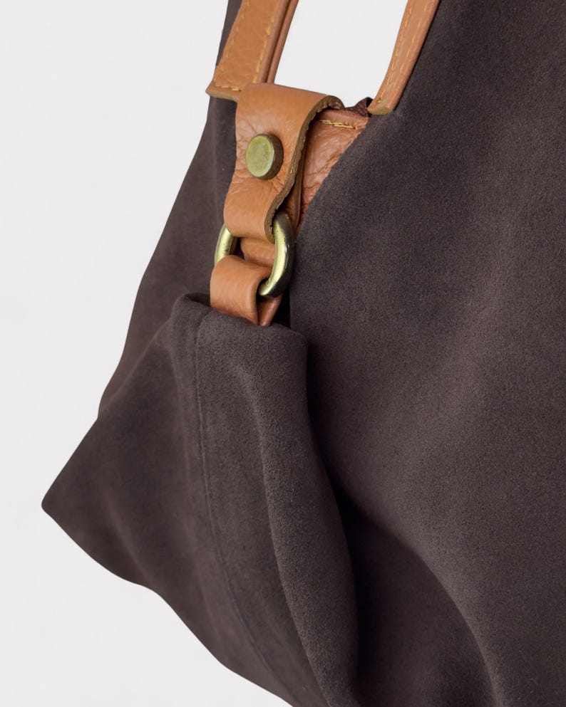 Brown suede leather bag - Large hobo bag - Slouchy handbag - Shoulder bag for women in suede - Oversized shoulder purse - Sling bag - Gift image 8