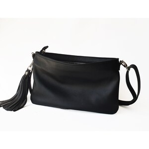 Black small crossbody purse with tassel - Black leather clutch with strap - Black leather wristlet purse - Small crossbody purse in black