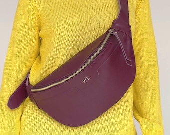 Burgundy Leather Crossbody Fanny Pack – Italian Cowhide Sling Bag, Personalized Gift