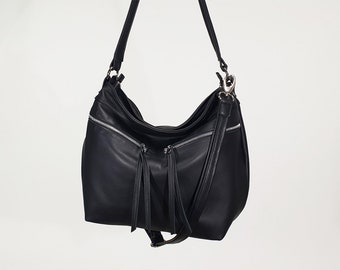 Sac hobo noir souple et souple avec fermetures à glissière à l'extérieur - Sac en cuir souple pour femme - Sac à bandoulière noir - Sacs à main souples noirs - Cadeau pour femme