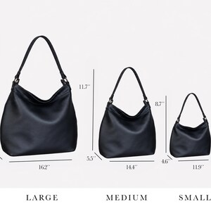 May include: Three black hobo bags in large, medium, and small sizes. The large bag measures 13 inches high, 16.2 inches wide, and 5.6 inches deep. The medium bag is 11.7 inches high, 14.4 inches wide, and 5.5 inches deep. The small bag is 8.7 inches high, 11.9 inches wide, and 4.6 inches deep.