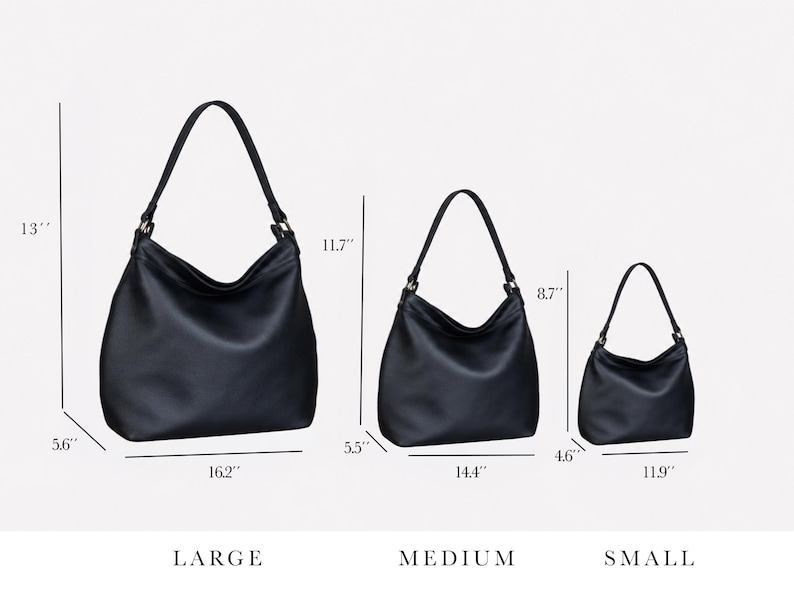 May include: Three black hobo bags in large, medium, and small sizes. The large bag measures 13 inches high, 16.2 inches wide, and 5.6 inches deep. The medium bag is 11.7 inches high, 14.4 inches wide, and 5.5 inches deep. The small bag is 8.7 inches high, 11.9 inches wide, and 4.6 inches deep.