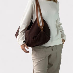 Brown suede leather bag - Large hobo bag - Slouchy handbag - Shoulder bag for women in suede - Oversized shoulder purse - Sling bag - Gift image 7