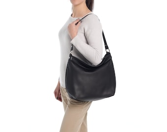 Grote zwarte leren hobotas – gekruiste laptoptas – zachte schouderhandtas dames
