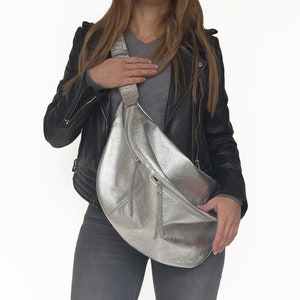 Large Metallic Silver Fanny Pack - Oversized sling bag for women - Slouchy crossbody bag - Silver bags - Metallic Handbags