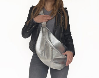 Large Metallic Silver Fanny Pack - Oversized sling bag for women - Slouchy crossbody bag - Silver bags - Metallic Handbags