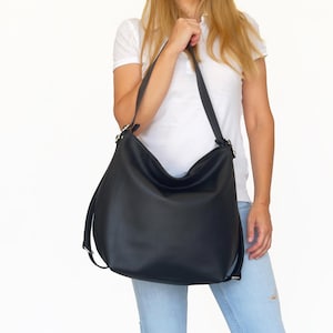 Oversized schwarze Leder Hobo Tasche - Große slouchy Hobo Geldbörse - Wandelbare Rucksack Geldbörse Damen - Damen Laptoptasche -Schwarze weiche Umhängetasche