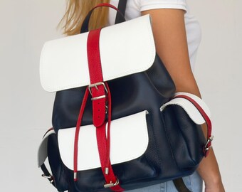 Large Leather Backpack - Unisex backpack - Navy blue leather backpack - Leather Rucksack - Handmade Cowhide Rucksack - Summer Backpack