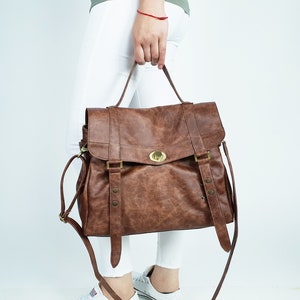 Sac besace en cuir marron - Cartable marron pour femme - Sac à main en cuir avec poignée supérieure - Sac pour ordinateur portable - Sac à poignée supérieure - Sac de bureau pour femme - Cadeau pour elle