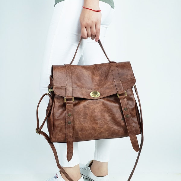 Brown leather messenger bag - Brown satchel women - Top handle bag leather - Laptop bag - MELINA bag