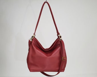 Slouchy women shoulder bag in soft red leather - Crossbody hobo purse with many pockets - MEDIUM HELEN