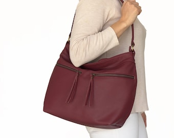 Rote Leder Hobo Bag - Slouchy Crossbody Purse mit Außen-Reißverschlüssen - Weiche Damen Schulter Handtasche