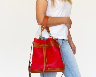 Handmade Red Leather Bucket Bag – Drawstring Cinch Bag