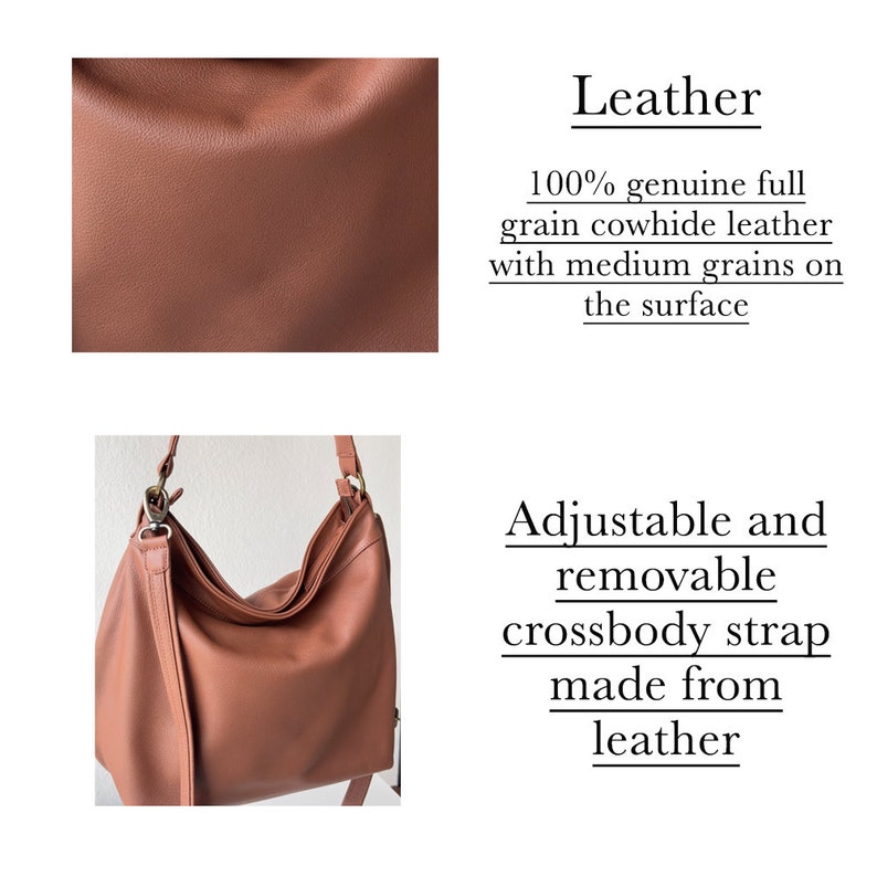 May include: A terracotta-colored hobo bag crafted from 100% genuine full grain cowhide leather with medium grains on the surface. The bag features an adjustable and removable crossbody strap made from leather, with metal hardware attachments.