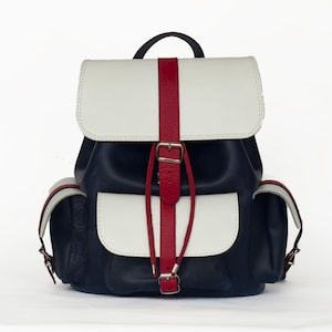 VENTE FINALE - Grand sac à dos en cuir - Sac à dos pour femme - Cartable pour la rentrée - Sac pour ordinateur portable - Sac bleu et blanc - Sac à dos de voyage - Cadeau