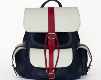 FINAL SALE - Large leather backpack - Women's backpack purse - Back to school bag - Laptop bag - Blue and white bag - Travel backpack - Gift