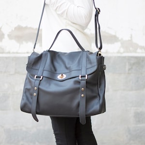 Sac messager en cuir noir - Sac messager en cuir pour ordinateur portable - Sac pour ordinateur portable pour femme - Sac à main cartable - Porte-documents en cuir - Sac à main - Cadeau