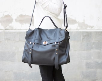 Black leather messenger bag - Leather laptop messenger bag - Women's laptop bag - Satchel purse - Leather Briefcase - MELINA bag