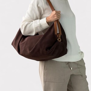 Brown suede leather bag - Large hobo bag - Slouchy handbag - Shoulder bag for women in suede - Oversized shoulder purse - Sling bag - Gift image 6