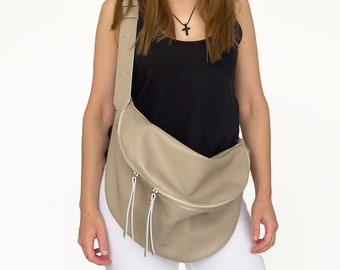 Large Italian bum bag - Extra large sling purse for women - Oversized fanny pack - Soft sling purse - Oversized Banana bag - Beige handbags