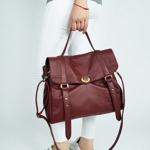 Bolso de mano de piel de grano completo - Bolso de piel roja - Cartera grande - Bolso para portátil de mujer - Bolso bandolera para portátil - Regalo para ella - Bolso de oficina para portátil